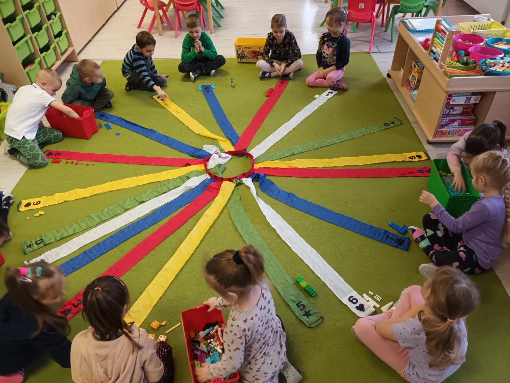 Dzień Lego - dzieci siedzą w kole i uczestniczą w zabawie z wykorzystaniem klocków Lego i wiatraka matematycznego.